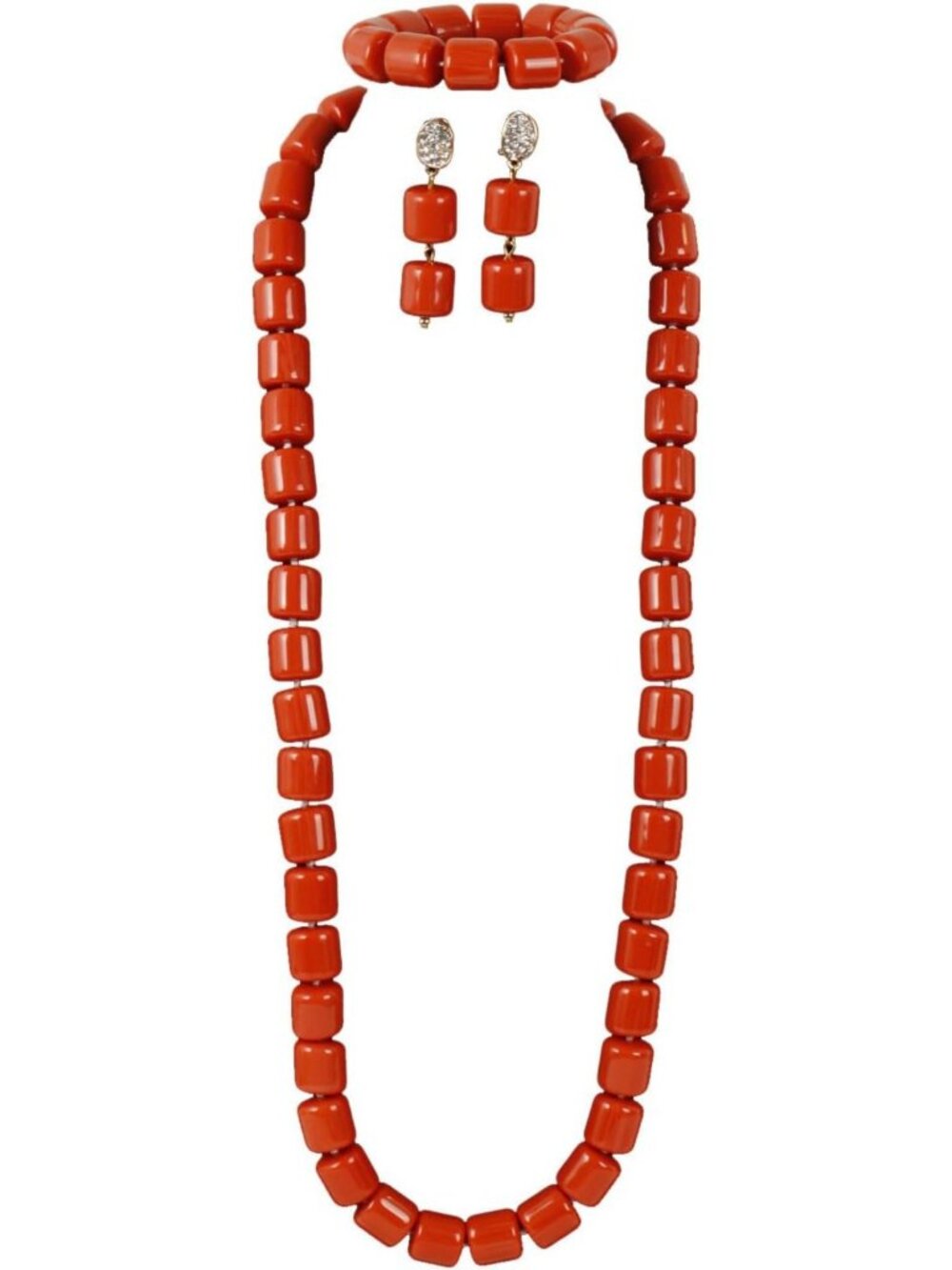 Vibrant Orange Coral Jewelry Set: 1-Row Necklace, Bracelet & Earrings for